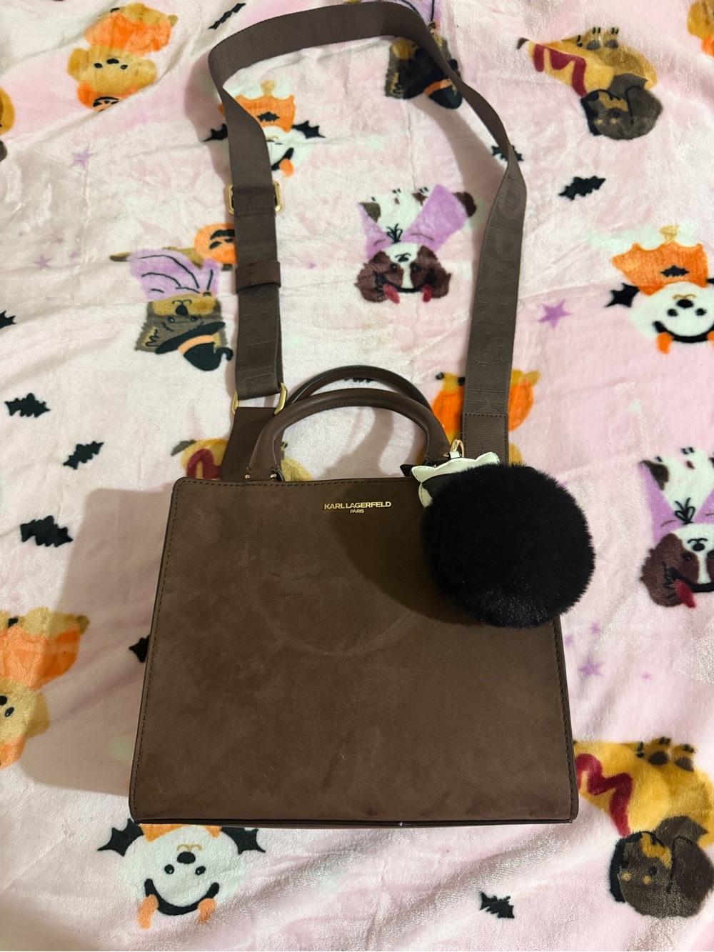 Karl Lagerfeld Brown Suede Satchel with Black Pom-Pom Charm
